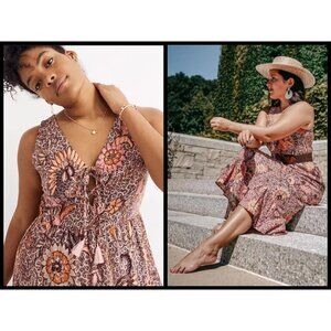 madewell linen-blend lucie smocked midi dress Madewell Lucie Smocked Tiered Midi Boho Dress Plus Size 1X